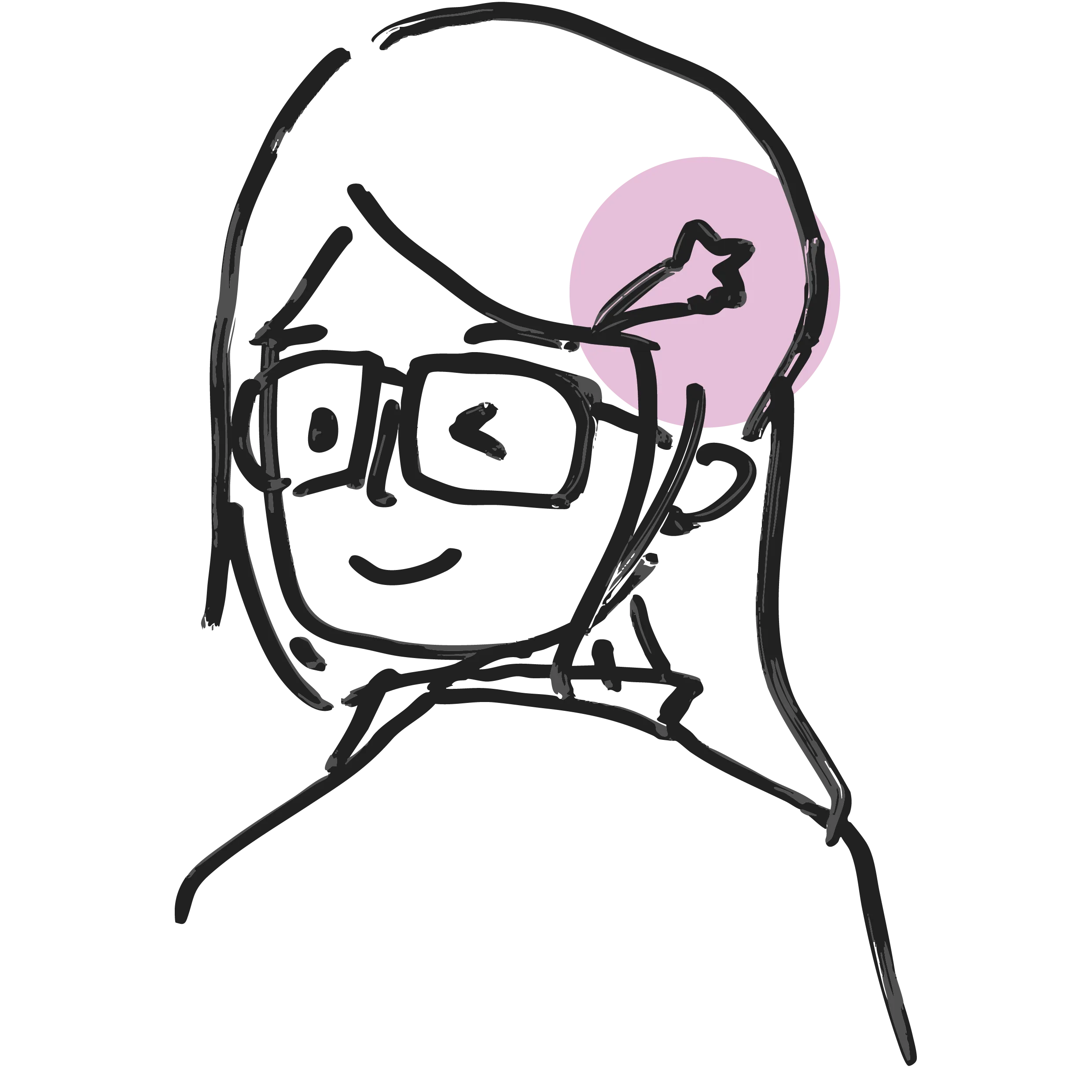 Illustrated portrait of Elias Tse, wearing thick-rimmed glasses with a star tucked into her hair.