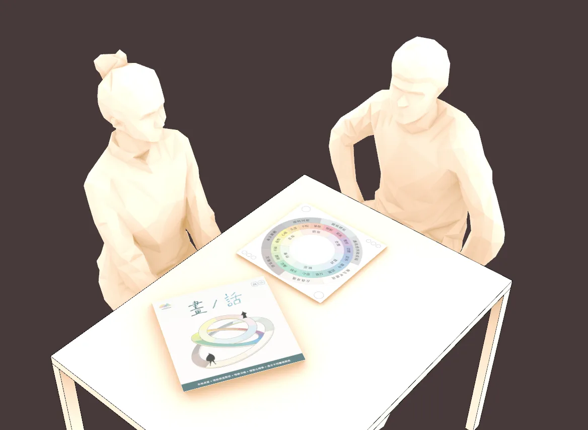 A couple sitting at a table with the Draw/Tell board game box and an emotion wheel laid out in front of them.