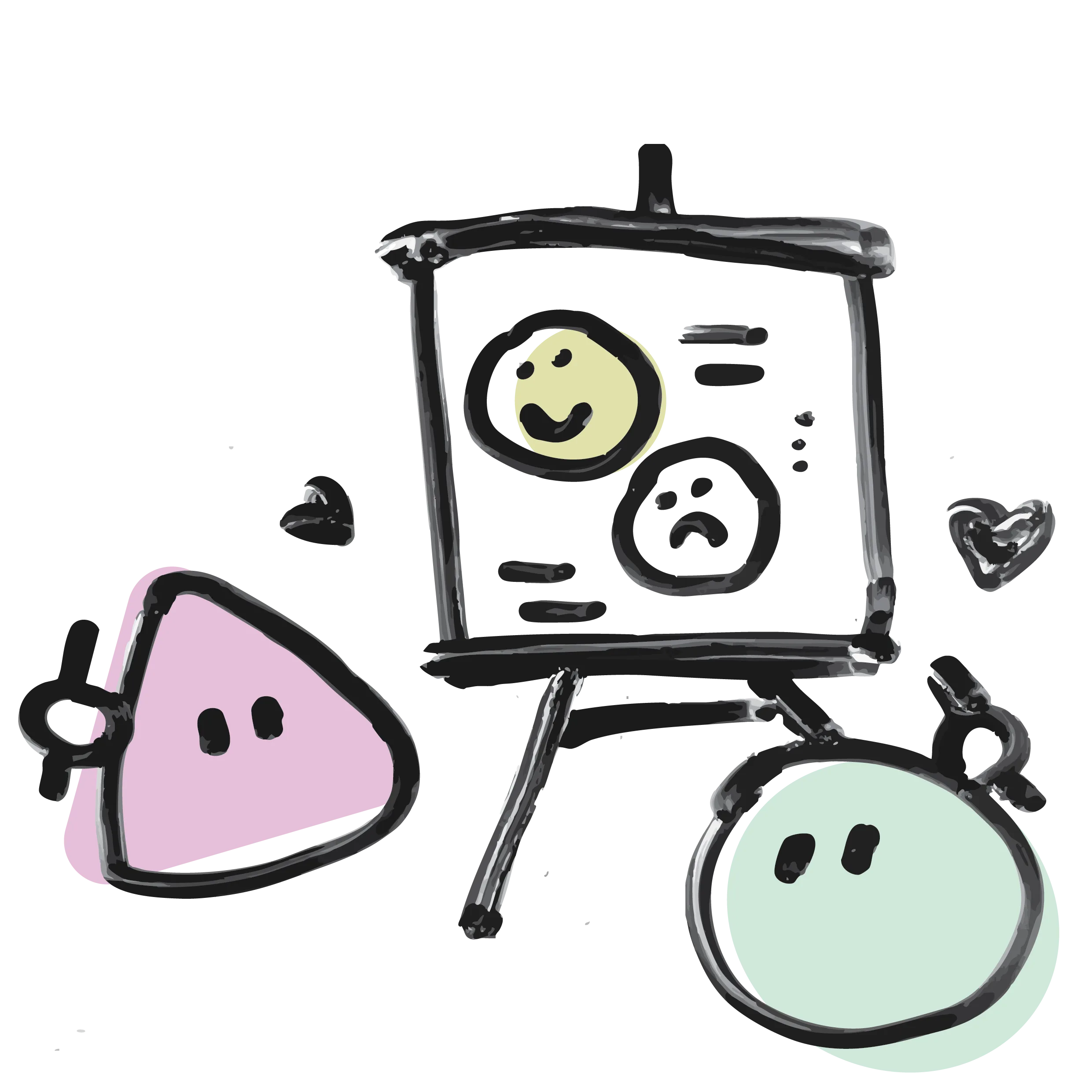 The two beans at an easel, the board showing a happy face and a sad face.