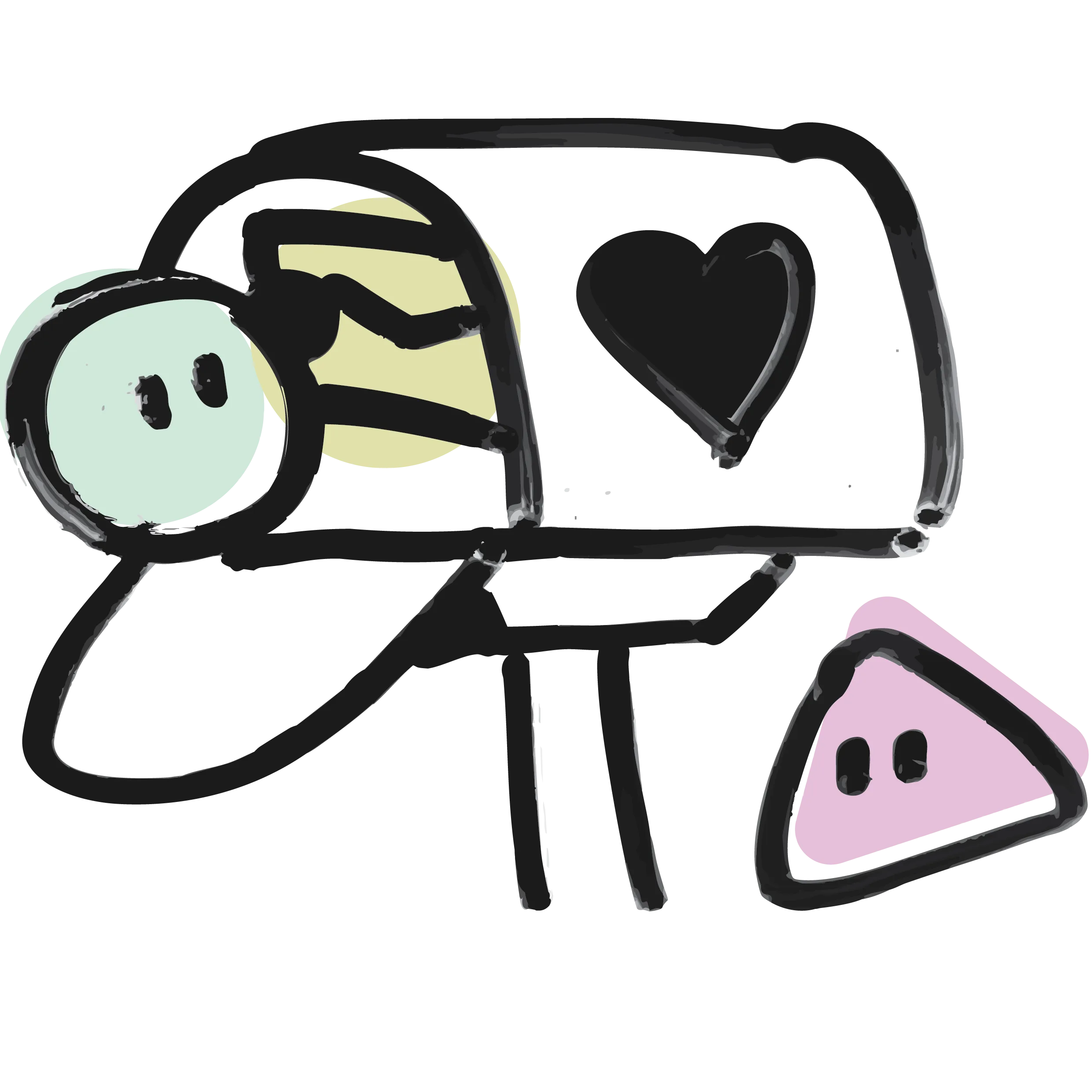 One bean leaning over a large card with a heart drawn on it, the other bean beside it.