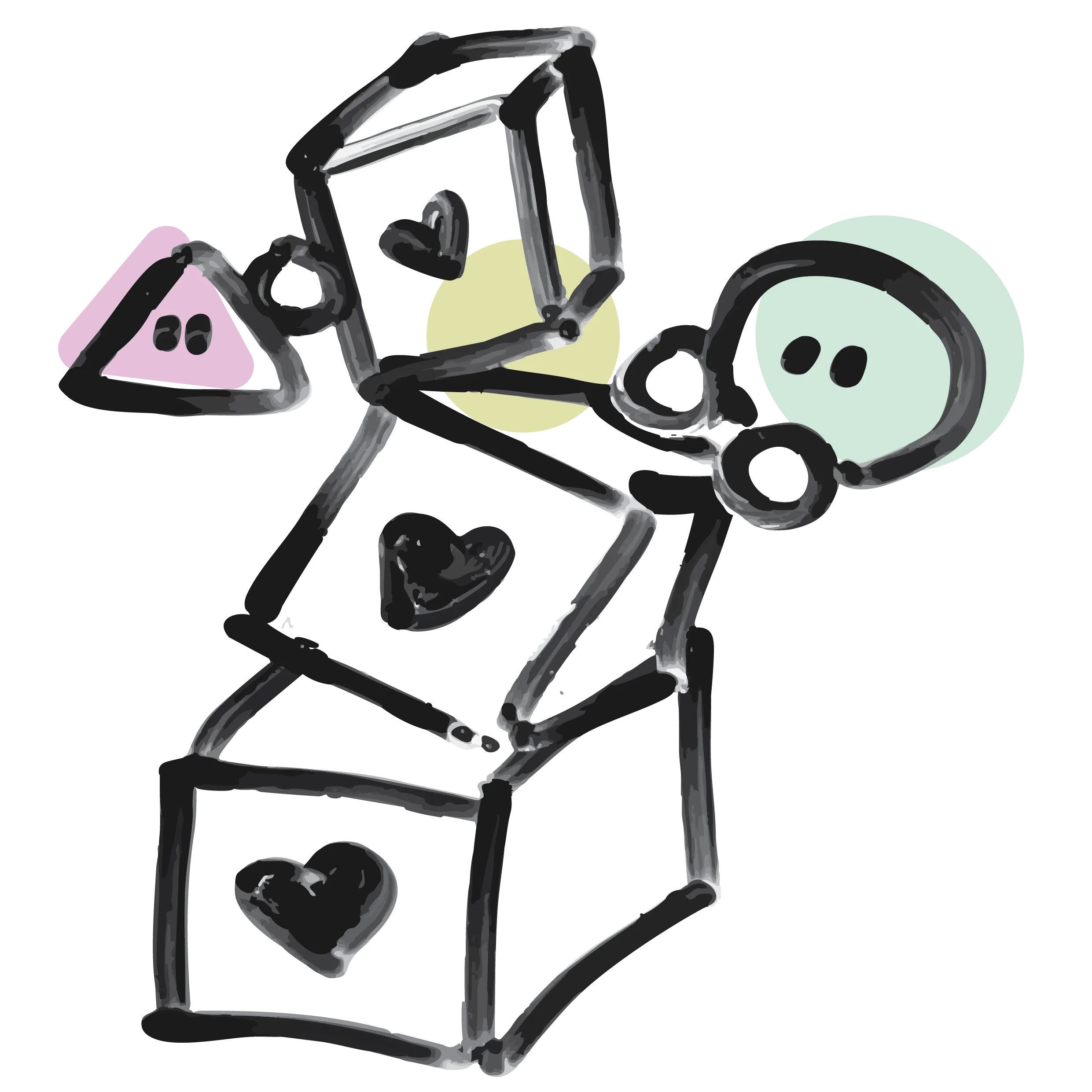 The two Sticky Beans characters climbing a stack of blocks drawn with hearts, reaching for each other.